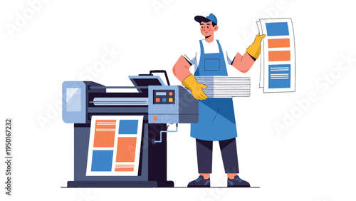 Precision in Printing: A skilled operator tends to a high-tech printing machine, carefully reviewing the output. The scene highlights efficiency, precision.