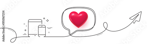 Mobile Devices icon. Continuous line with share plane. Smartphone and Tablet PC signs. Touchscreen gadget symbols. 3d heart in speech bubble. Mobile devices single line ribbon. Vector