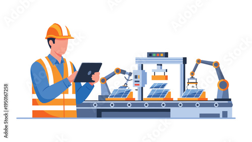 Solar Panel Manufacturing: Depicting a modern automated factory, an engineer monitors the production process of solar panels, embodying progress and innovation