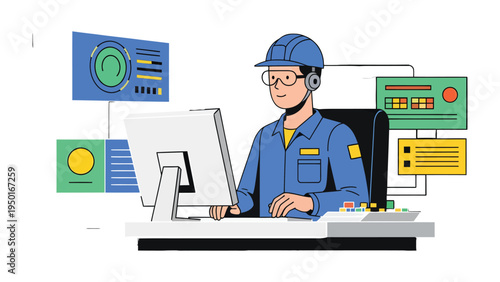 Tech Professional at Work: A tech specialist, clad in a hard hat, meticulously monitors intricate technological interfaces on a computer screen, signifying modern efficiency and technical skill.