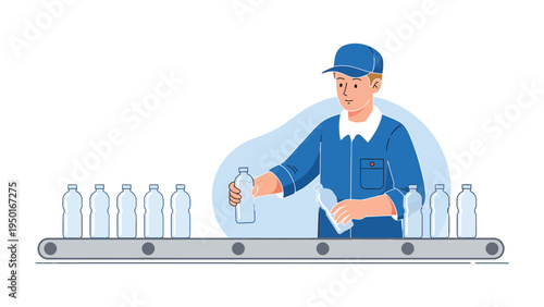 Worker's Precision: A focused factory worker meticulously inspects bottles as they move along an industrial conveyor belt, highlighting precision, attention to detail and efficiency.