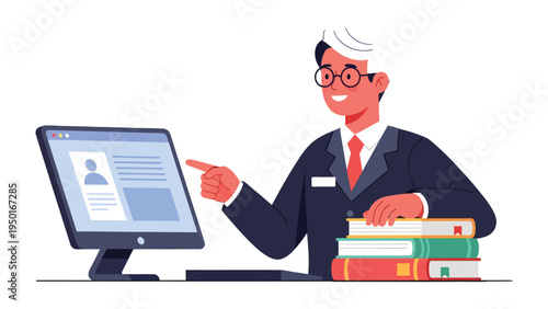 Career Guidance: An illustration depicts a sharp, professional person in a suit, pointing towards a computer screen that displays a resume. Beside the screen rest a stack of books.