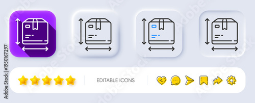 Box size line icon. Neumorphic, Flat shadow, 3d buttons. Package dimension sign. Parcel measurement symbol. Line box size icon. Social media icons. Vector