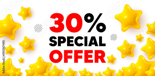 Discount winner banner with 3d stars. Golden stars banner. 30 percent discount offer tag. Sale price promo sign. Special offer symbol. Review rate background. Vector