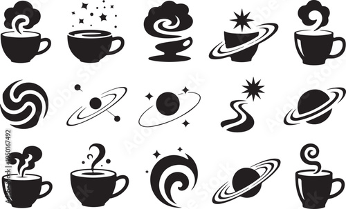 Vector illustration set of coffee and tea cups featuring brown espresso, cappuccino, and latte icons with steam design elements for cafe beverage symbols.