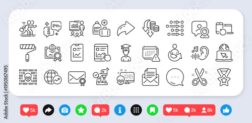 Info, Binary code and Share line icons pack. Social media: share, comment, like icons. Certificate, Microscope, Mail correspondence web icon. Vector