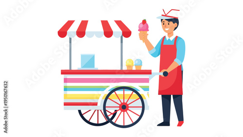 Ice Cream Vendor's Delight: A smiling ice cream vendor stands beside his colorful cart, ready to serve up sweet treats.