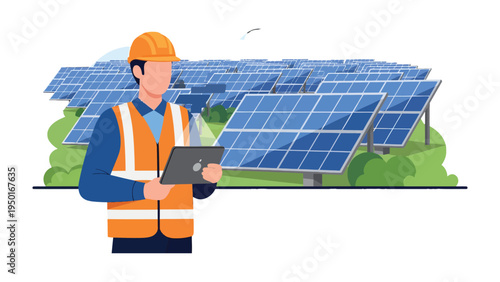 Solar Panel Supervisor's Inspection: A focused supervisor stands amidst a field of solar panels, holding a tablet as they conduct their inspection.