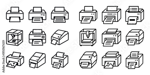 Office icons with printer scanner copier clean outline