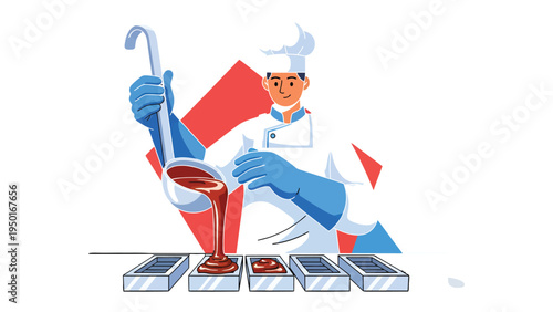 Chocolate Creation: A chef expertly pours rich, molten chocolate from a ladle into molds, crafting delicious treats with skill and precision.