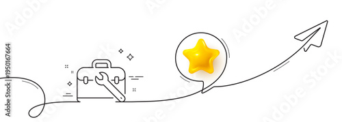 Spanner tool line icon. Continuous line with share plane. Repair tool case sign. Fix instruments symbol. 3d star in speech bubble. Tool case single line ribbon. Loop curve pattern. Vector