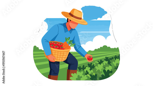 Cultivating the Harvest: A farmer in a straw hat meticulously gathers ripe tomatoes in a basket amidst lush green rows, symbolizing the bounty of the earth and the dedication of agriculture.