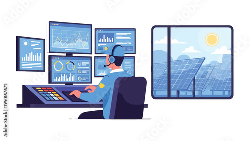 Green Energy Control Center: A dedicated technician diligently monitors a state-of-the-art control center, overseeing a sprawling solar panel installation and the flow of sustainable energy.