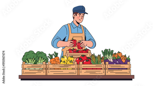 Market Fresh: A vendor meticulously arranges a vibrant array of fresh produce, highlighting the beauty and bounty of nature's harvest.