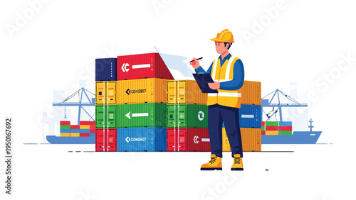 Logistics inspection and management: A diligent inspector surveys a vibrant stack of cargo containers, poised against the backdrop of an active port, embodying efficiency, precision, and global trade.