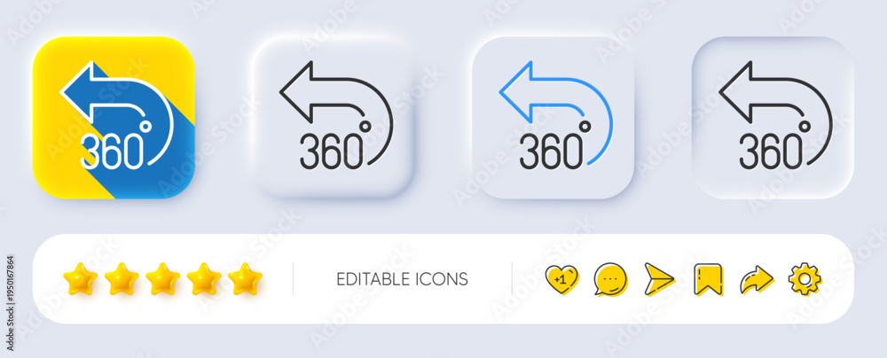 Obraz premium 360 degrees line icon. Neumorphic, Flat shadow, 3d buttons. VR simulation sign. Panoramic view symbol. Line 360 degrees icon. Social media icons. Vector