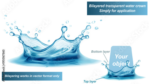 Transparent water crown in light blue colors with splashes and drops. It consists of two layers - front and back. You can insert any object between them, only for vector format.