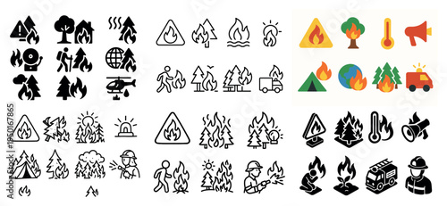 Safety icons with flame tree tent truck minimal