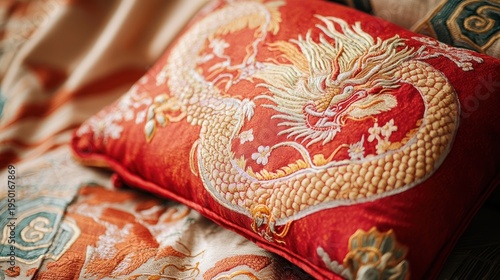 Embroidered dragon pillow on a bed