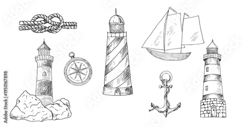 Vector vintage lighthouse on rock, wind sail boat, infinity knot rope, anchor, navigation marine compass. Hand painted linear Nautical symbol illustration set. Graphic monochrome sketch isolated on