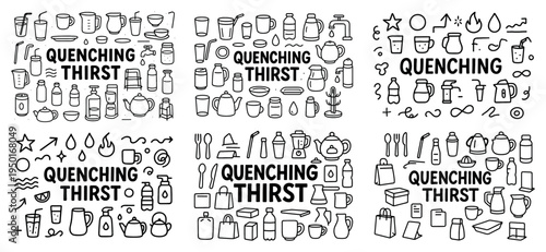 Beverage icons with cup bottle teapot outline