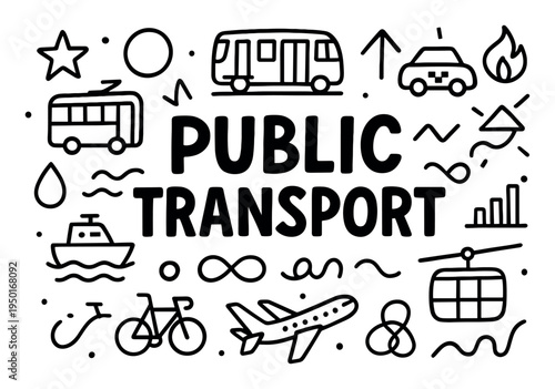 Public transport icons with bus bike plane outline