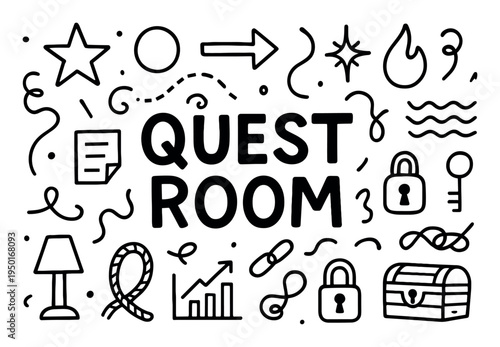 Escape quest icons with lock chest paper outline