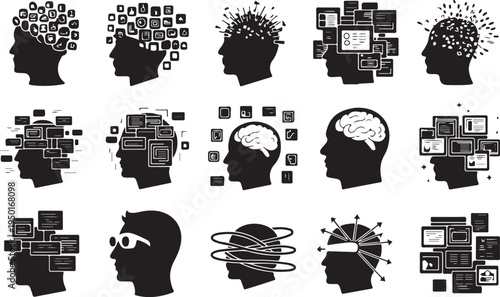 Vector illustration set of human head icons featuring business communication symbols and puzzle brain concepts for social media technology and global internet design