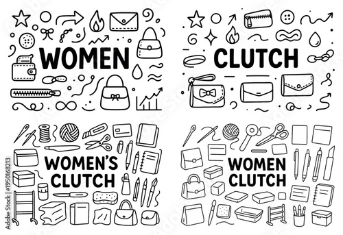 Women icons with clutch purse and makeup outline