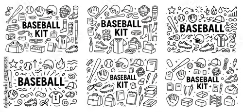 Baseball icons with bat glove ball outline