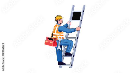 Handy Workman Ascending Ladder: A skilled worker, wearing a hard hat and safety vest, confidently ascends a sturdy ladder. Equipped with tools, the worker is focused on the task at hand.