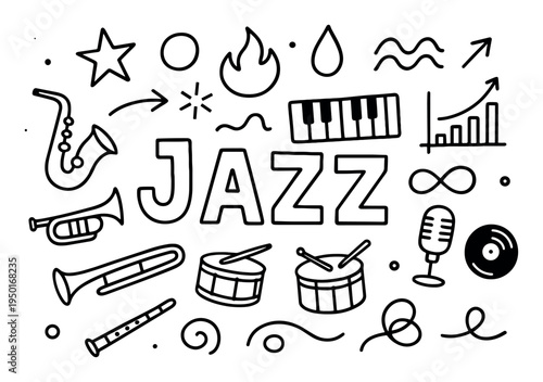 Music icons with saxophone drums piano outline