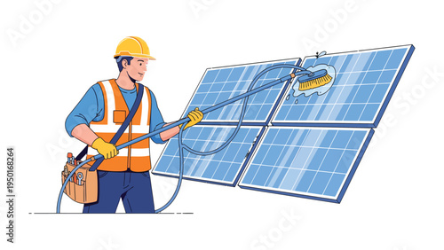 Solar Panel Technician at Work: A skilled technician diligently cleans solar panels, ensuring optimal energy capture and promoting sustainable practices.