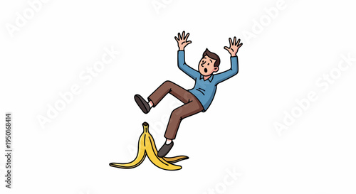 Cartoon man slipping on a banana peel with arms raised in a comical fall against a white background.