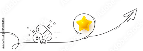 Bromine mineral line icon. Continuous line with share plane. Chemical element Br sign. Capsule or pill symbol. 3d star in speech bubble. Bromine mineral single line ribbon. Loop curve pattern. Vector