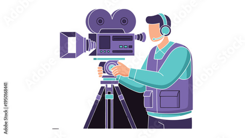 Cinematographer in Action: An illustrator portrays a dedicated cinematographer expertly operating a classic film camera, capturing the essence of filmmaking with focus, skill and artistry.
