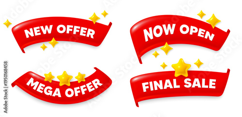 New offer flag ribbon. Mega discount, Final sale, Now open. New offer. Special price sign. Advertising Discounts symbol. Red flag ribbon banners. Promo offer tags. Vector