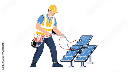 Solar Panel Technician at Work: An electrician is diligently working to install a solar panel, embodying the future of energy through sustainable innovation.