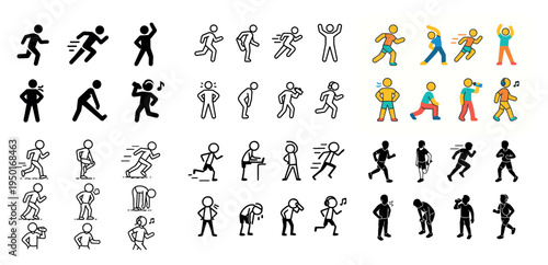 Activity icons with runner walker stick figure colorful