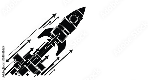 Modern rocket ship blasting off into space with speed motion arrows, symbolizing innovation, progress, and success in technology and business