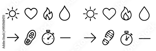 Weather icons with sun heart flame droplet outline