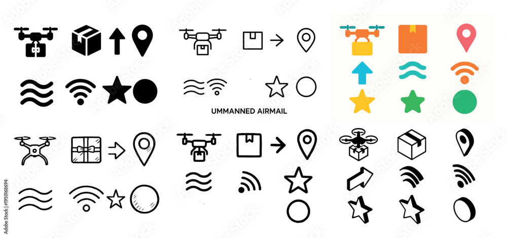 Fototapeta premium Delivery icons with drone box pin flat colorful