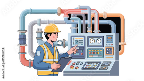 Technician Inspects Machinery: A skilled technician diligently monitors and interacts with complex machinery controls, ensuring optimal performance and efficiency within an industrial setting.
