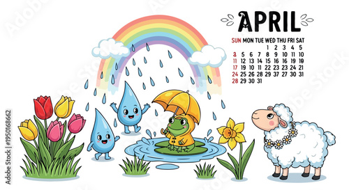 Whimsical illustration of a smiling green frog with umbrella standing on a lily pad under a rainbow and raindrops with a calendar in the background on a white background with spring flowers