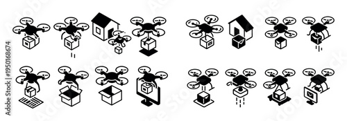 Delivery icons with drone box house outline