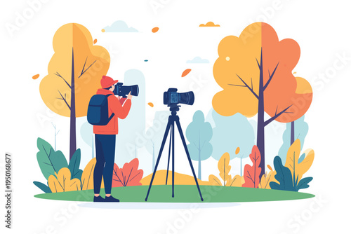 Photographer with camera in nature at sunset