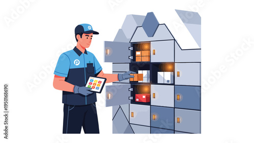 Secure Delivery: A courier interacts with a smart locker, seamlessly managing package retrieval and delivery. The image depicts modern convenience and efficient logistics.