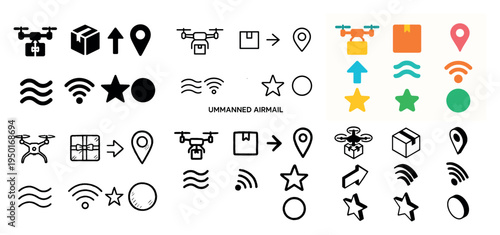 Delivery icons with drone box pin flat colorful