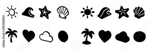 Beach icons with sun wave shell minimal