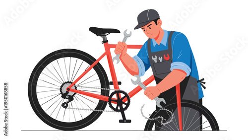 Mechanic's Precision: A skilled mechanic meticulously repairs a vibrant red bicycle, utilizing specialized tools to ensure peak performance and safety.